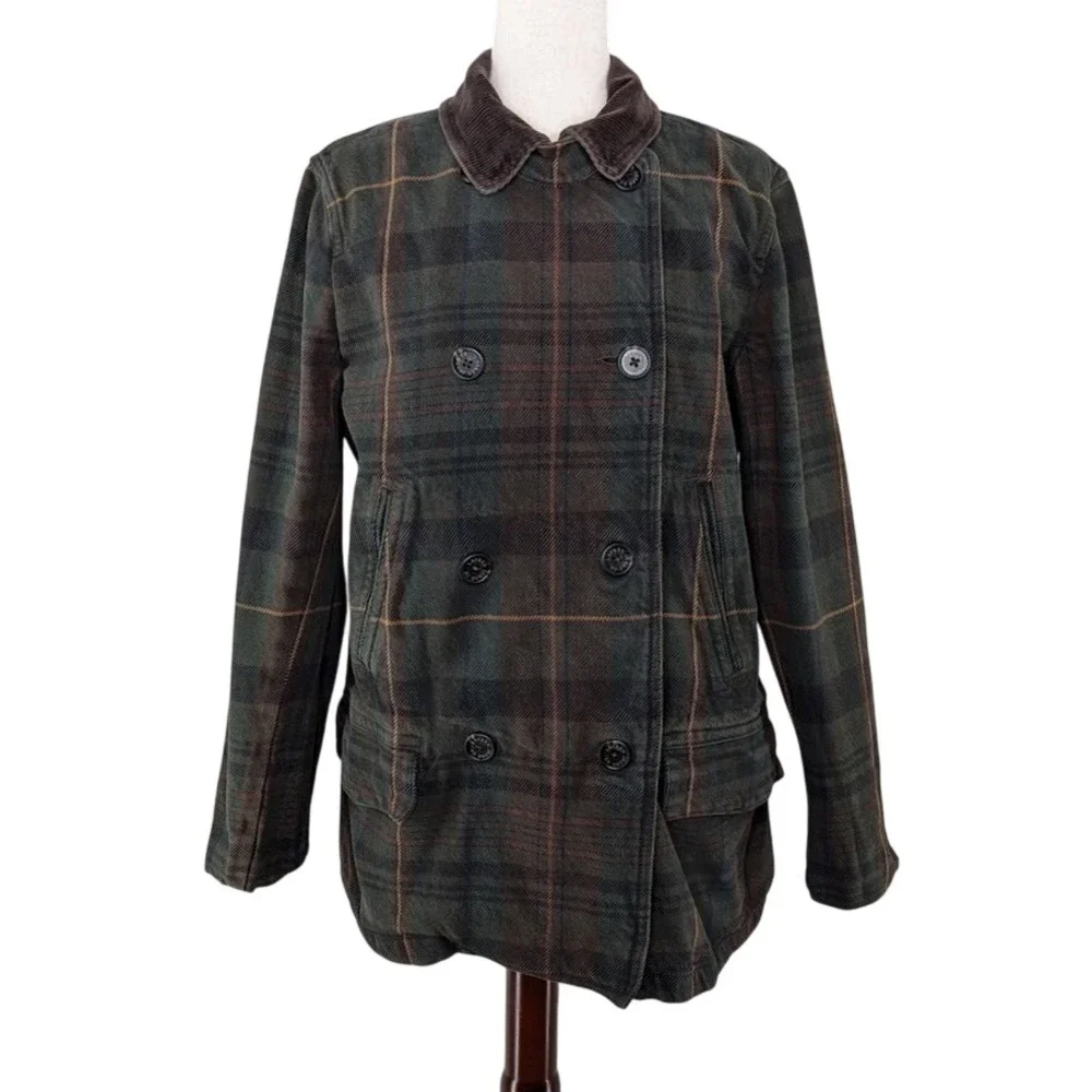 Lauren Ralph Lauren Plaid Barn Coat‎ Women's XL Green Brown Corduroy Collar